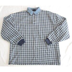 Vintage 90s Structure Blue Plaid Rugby Polo Shirt Denim Collar Sz L (M121) USA